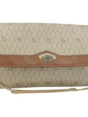 Authentic Christian Dior Honeycomb Canvas Chain Shoulder Bag PVC Beige Gold